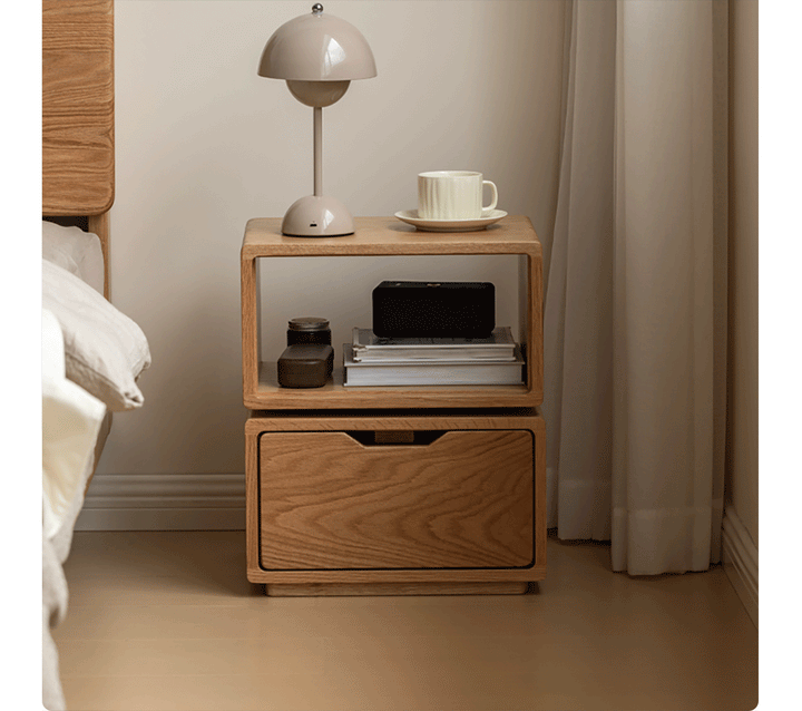 Scandinavian oak wood revolving side table twist in details.