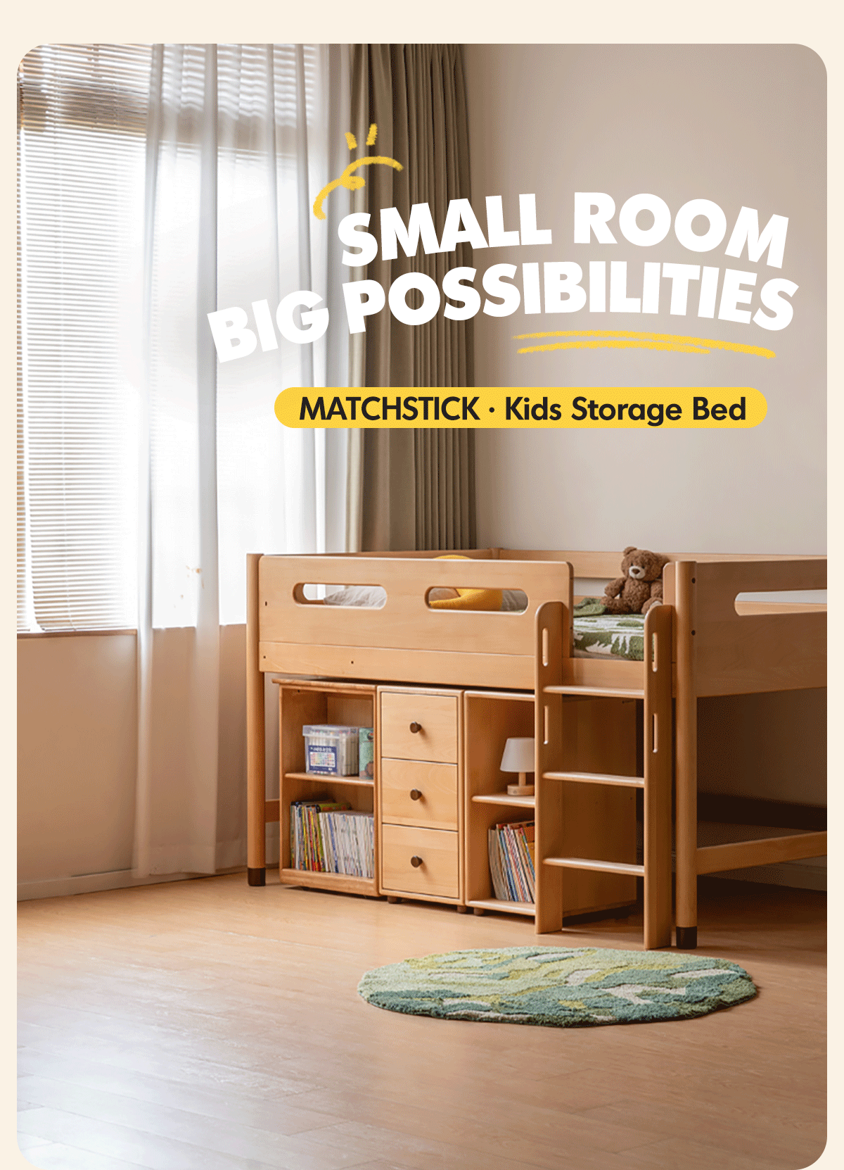 Scandinavian beech wood kids storage bed with study desk matchstick detail 5.