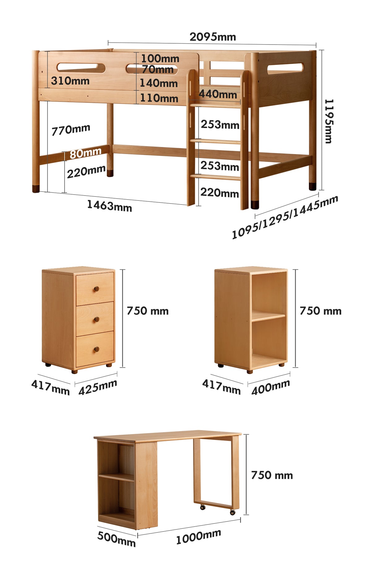 Scandinavian Beech Wood Kids Storage Bed With Study Desk MATCHSTICK Size Chart