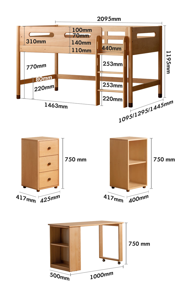 Scandinavian Beech Wood Kids Storage Bed With Study Desk MATCHSTICK Size Chart
