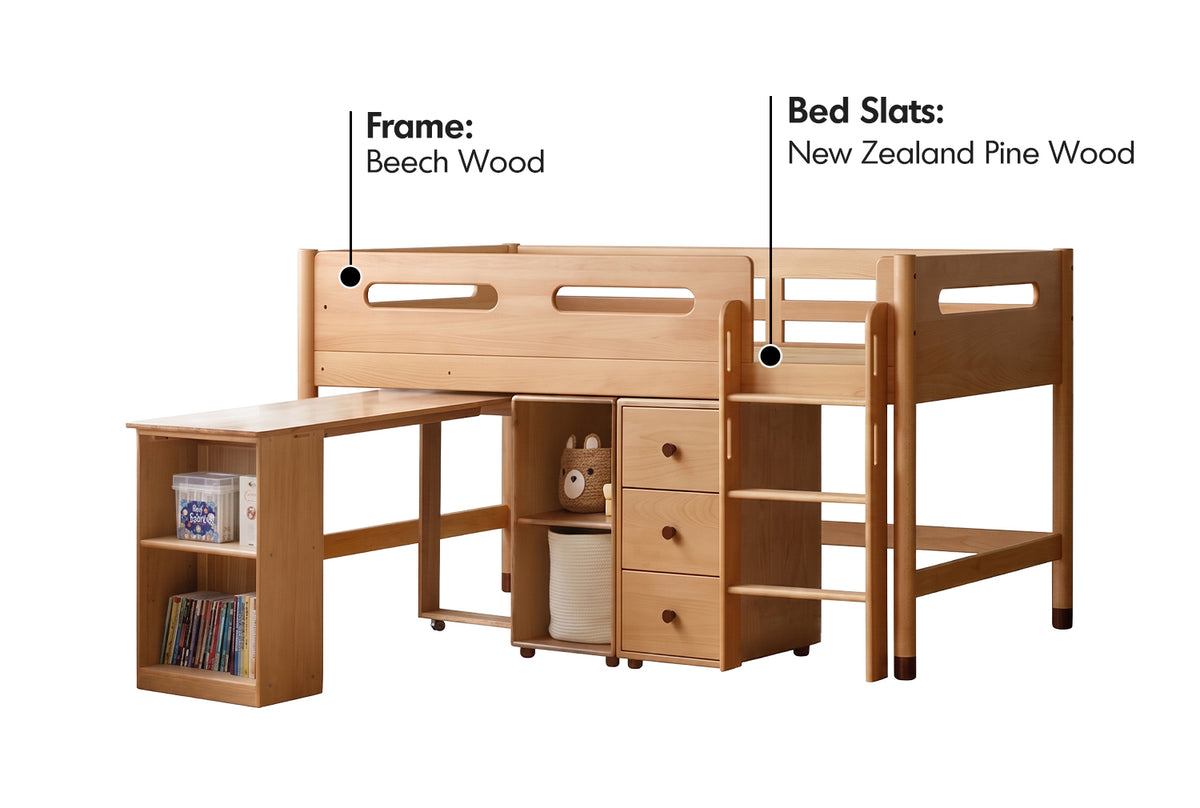 Scandinavian Beech Wood Kids Storage Bed With Study Desk MATCHSTICK Material Details Chart