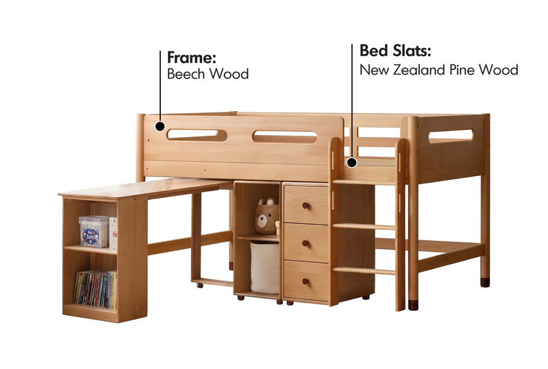 Scandinavian Beech Wood Kids Storage Bed With Study Desk MATCHSTICK Material Details Chart