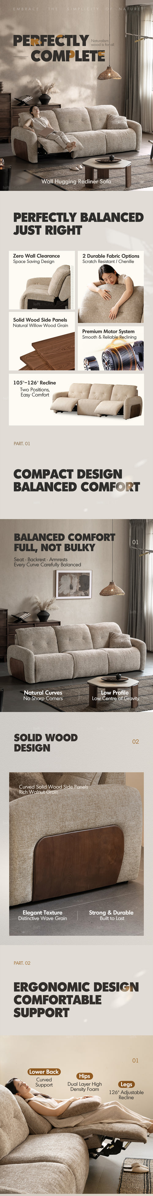 Cream Chenille Velvet Fabric Recliner 3 Seater Sofa MELLOW Good to Know Preview-1