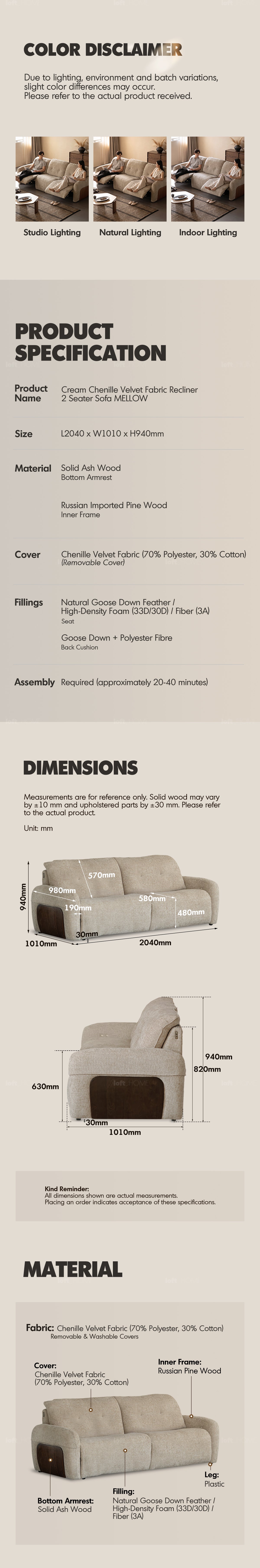 Cream Chenille Velvet Fabric Recliner 2 Seater Sofa MELLOW More Details and Instruction_8