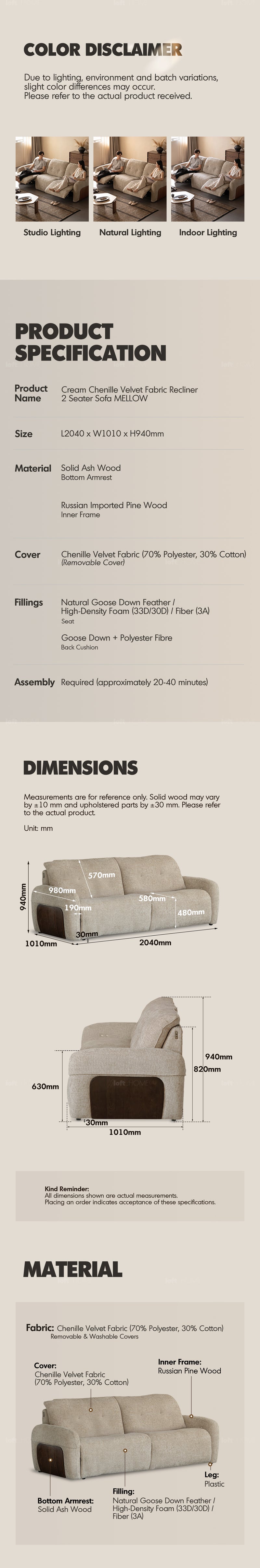 Cream Chenille Velvet Fabric Recliner 2 Seater Sofa MELLOW More Details and Instruction_8