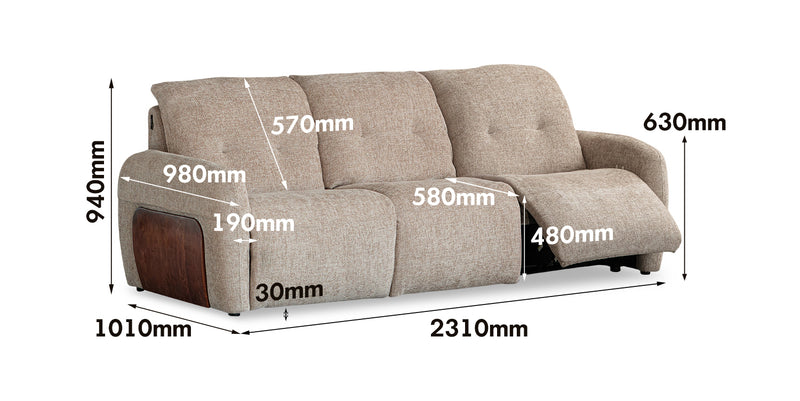 Cream Chenille Velvet Fabric Recliner 3 Seater Sofa MELLOW Size Chart