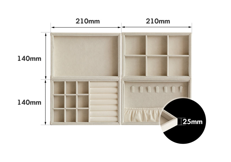 Minimalist Velvet Fabric Jewelry Organizer Tray 4IN1 Set AURA Size Chart