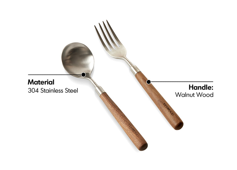 Japandi Walnut Wood 304 Stainless Steel Spoon and Fork 2IN1 Set WOODLAND Material Details Chart