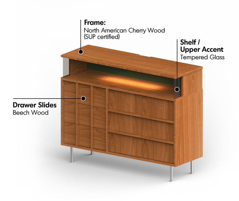 Scandinavian Cherry Wood Side Cabinet BLUE MOUNTAIN Material Details Chart