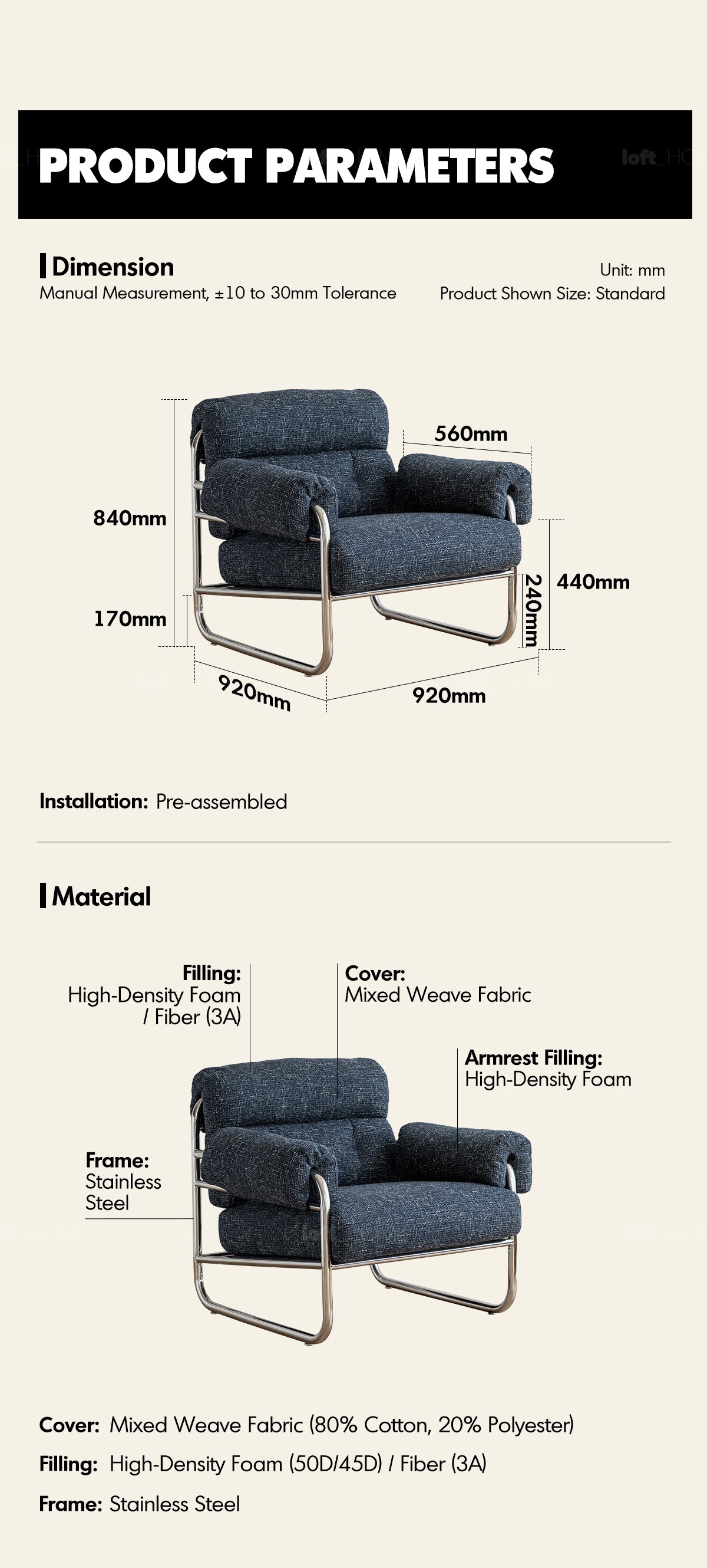 Bauhaus Mix Weave Fabric 1 Seater Sofa BECCA Good to Know - 11