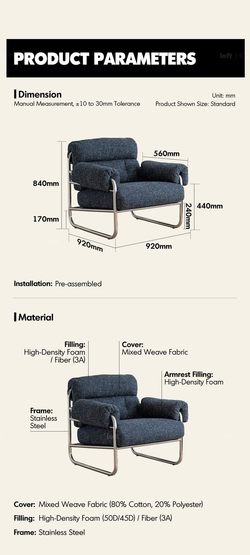 Bauhaus Mix Weave Fabric 1 Seater Sofa BECCA Good to Know - 11