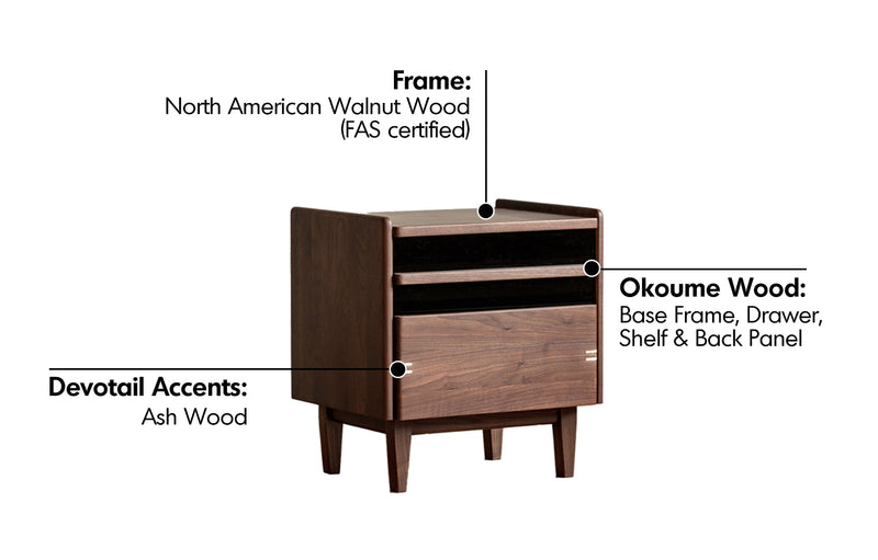 Japandi Walnut Wood Side Table DUSK Material Details Chart