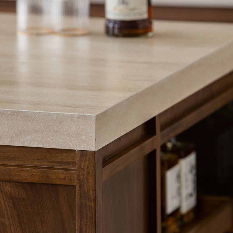 Japandi Walnut Wood Sintered Stone Island Dining Table With Cabinet AXIS Color Swatches