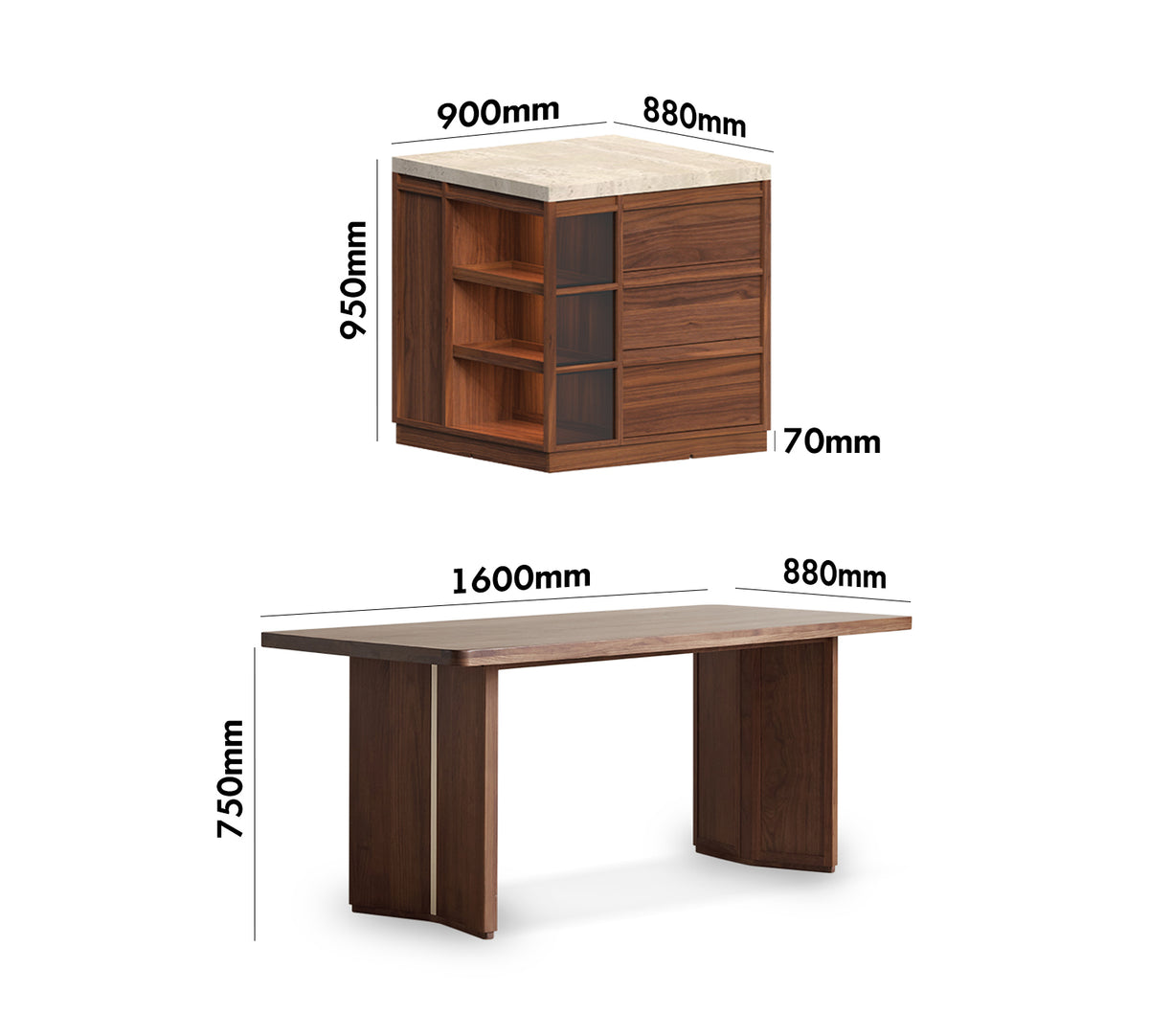 Japandi Walnut Wood Sintered Stone Island Dining Table With Cabinet AXIS Size Chart