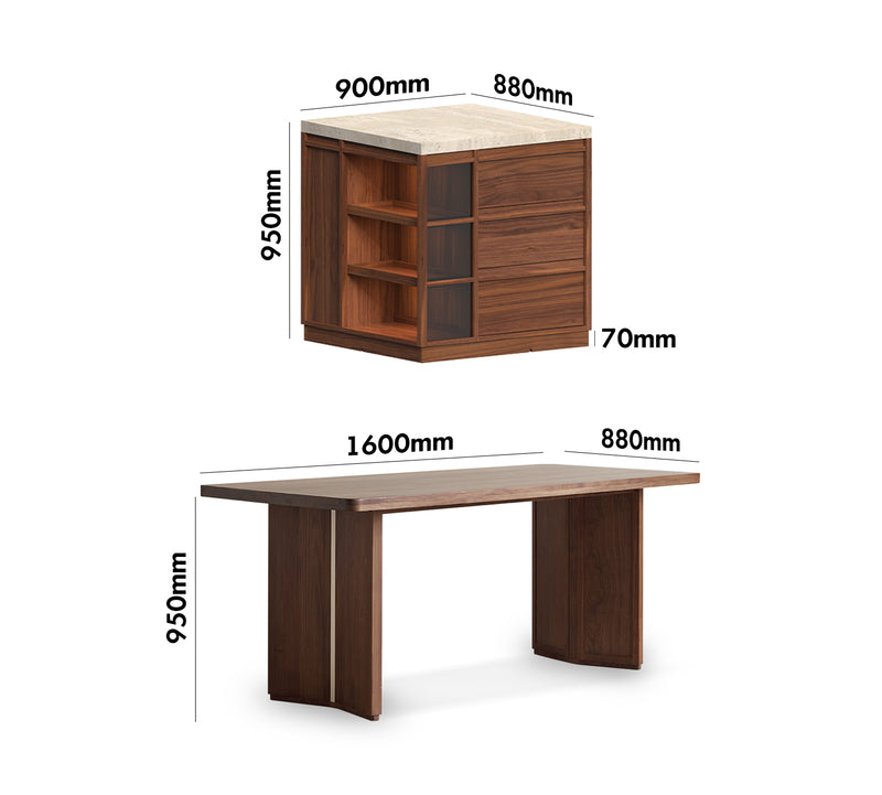 Japandi Walnut Wood Sintered Stone Island Dining Table With Cabinet AXIS Size Chart
