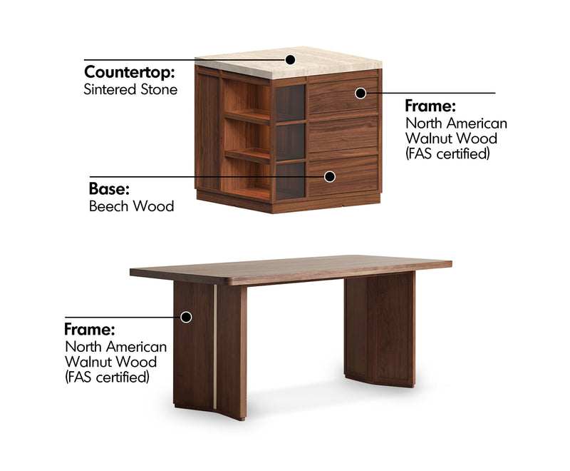 Japandi Walnut Wood Sintered Stone Island Dining Table With Cabinet AXIS Material Details Chart