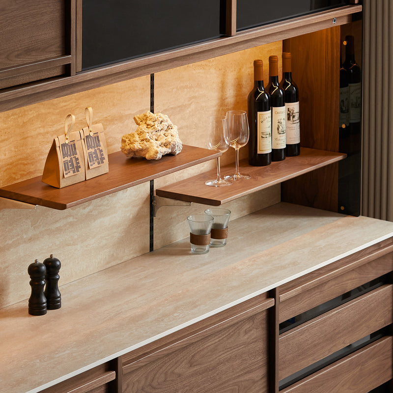 Japandi Walnut Wood Sintered Stone Storage Side Cabinet AXIS Color Swatches