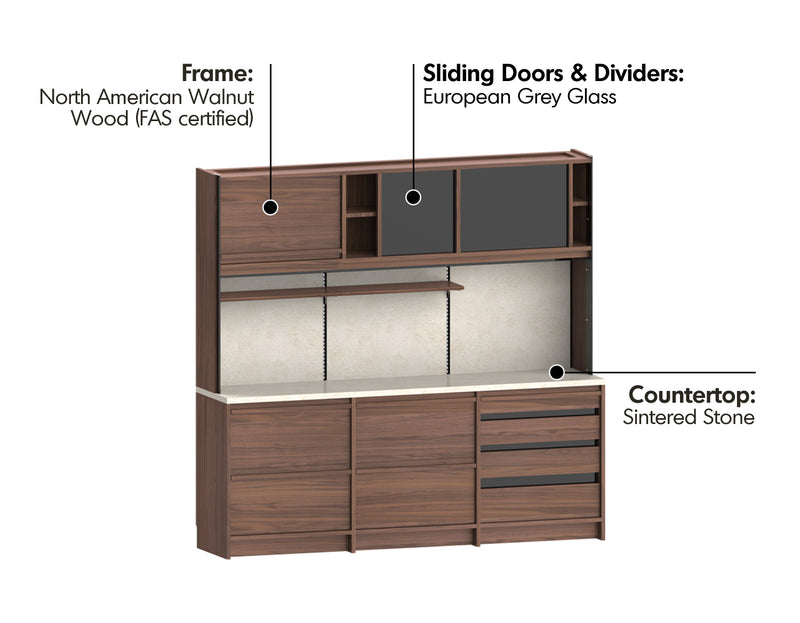 Japandi Walnut Wood Sintered Stone Storage Side Cabinet AXIS Material Details Chart