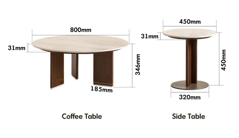 Japandi Sintered Stone Coffee Table Set VALE Size Chart