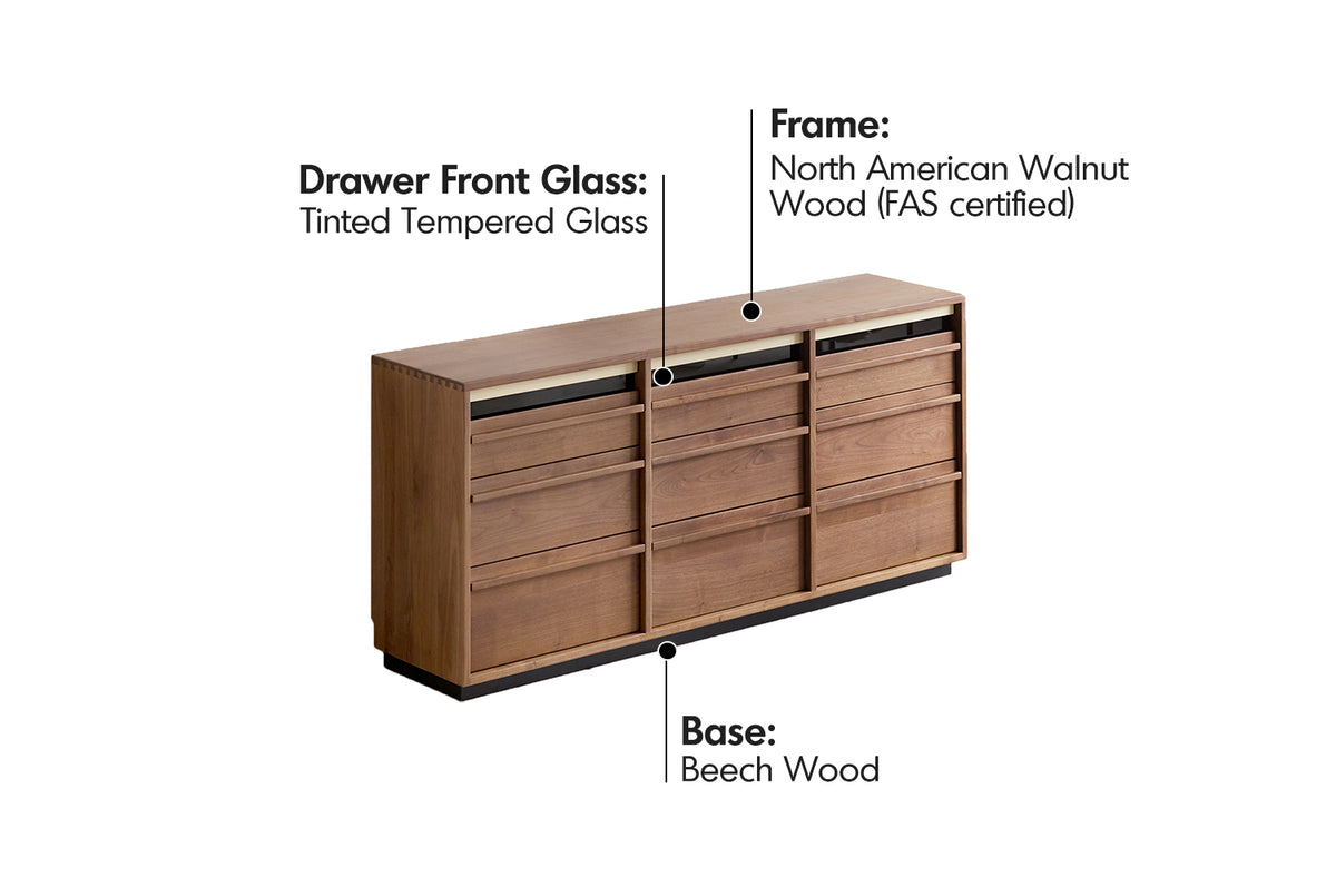 Japandi Walnut Wood Chest Of 9 Drawers AXIS Material Details Chart
