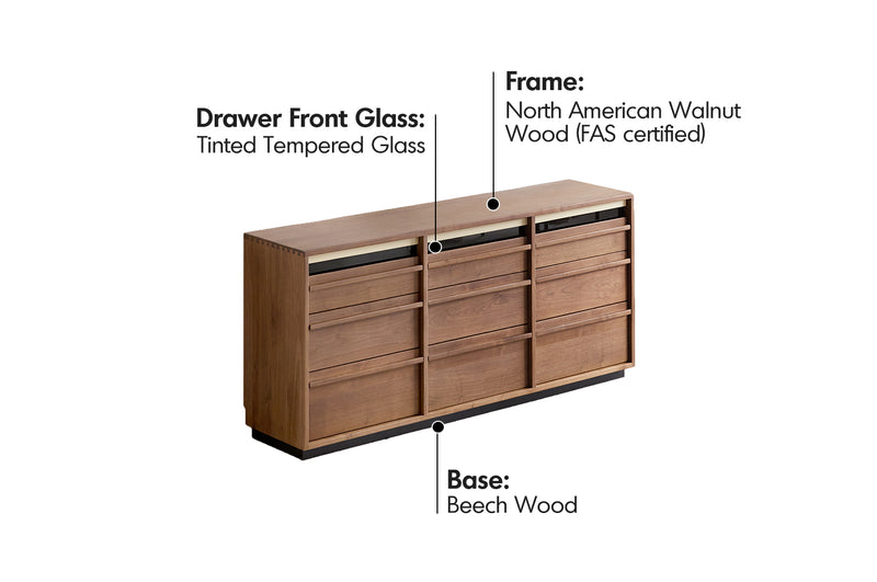 Japandi Walnut Wood Chest Of 9 Drawers AXIS Material Details Chart