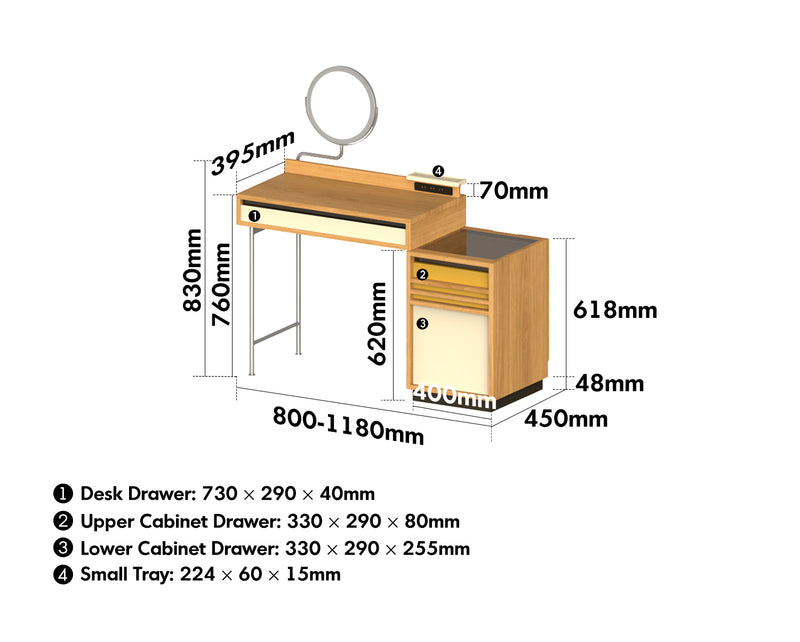 Bauhaus Oak Wood Dressing Table TEMPO Size Chart