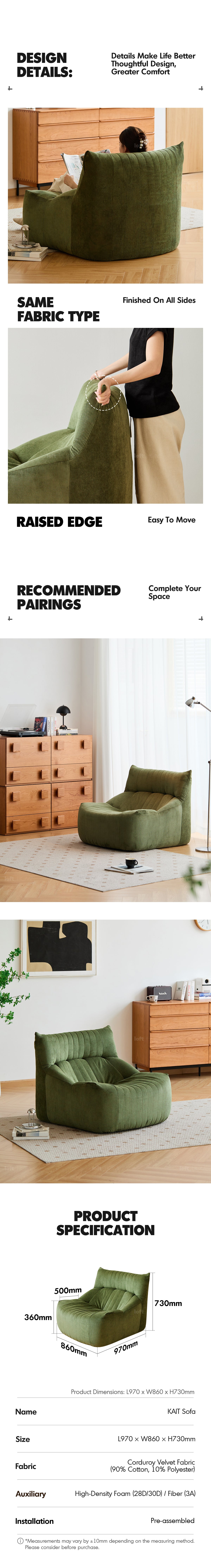 Cream Corduroy Velvet Fabric 1 Seater Sofa KAIT More Details and Instruction_3