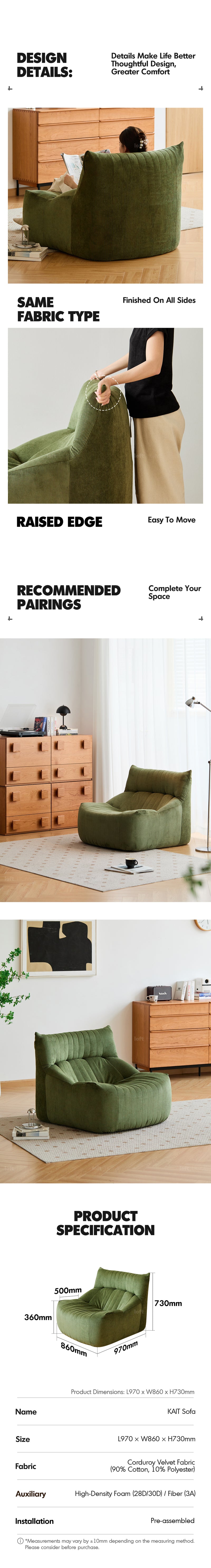 Cream Corduroy Velvet Fabric 1 Seater Sofa KAIT More Details and Instruction_3