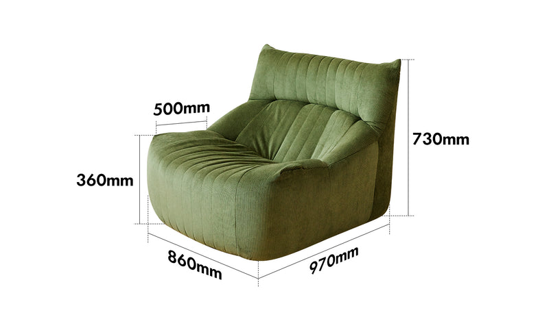 Cream Corduroy Velvet Fabric 1 Seater Sofa KAIT Size Chart