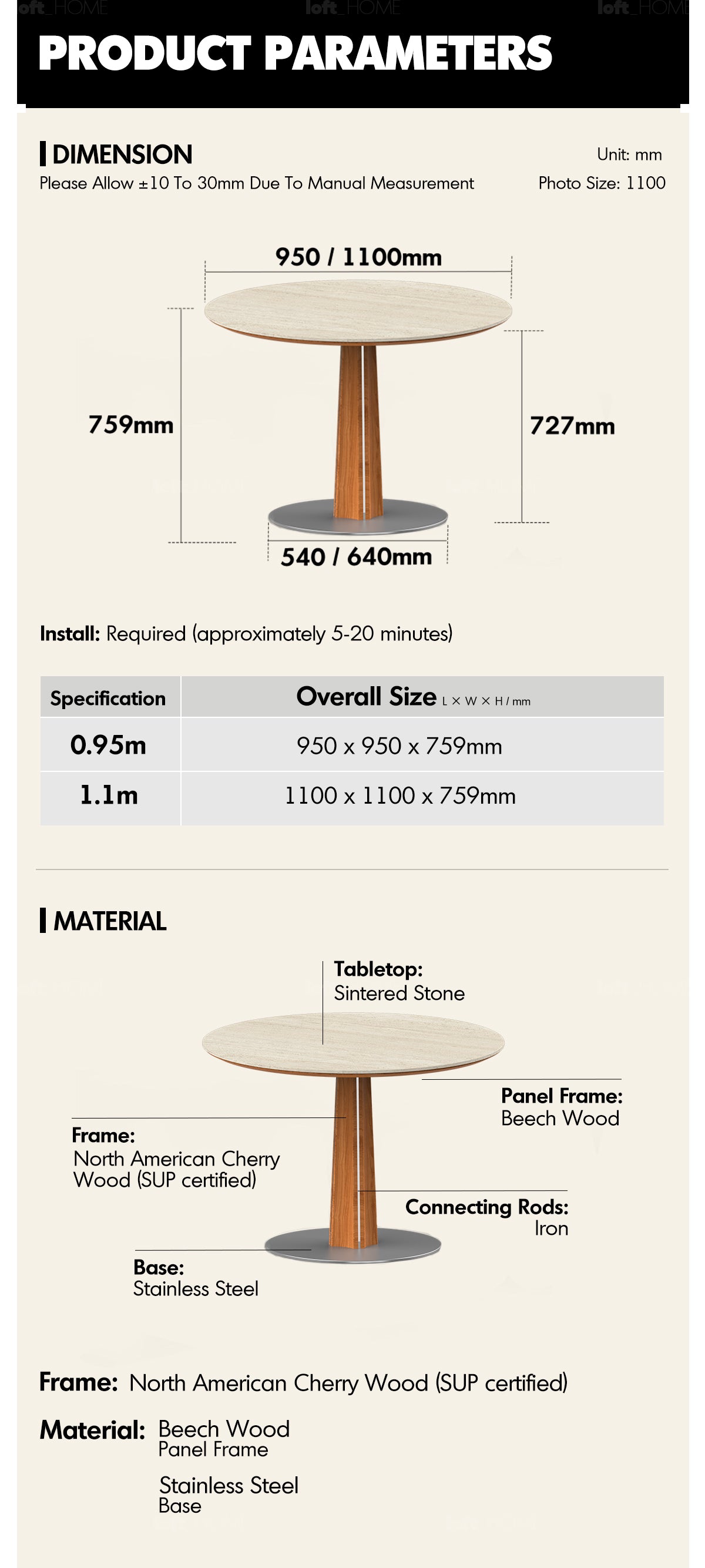 Bauhaus Cherry Wood Sintered Stone Round Dining Table PINECONE More Details and Instruction_10
