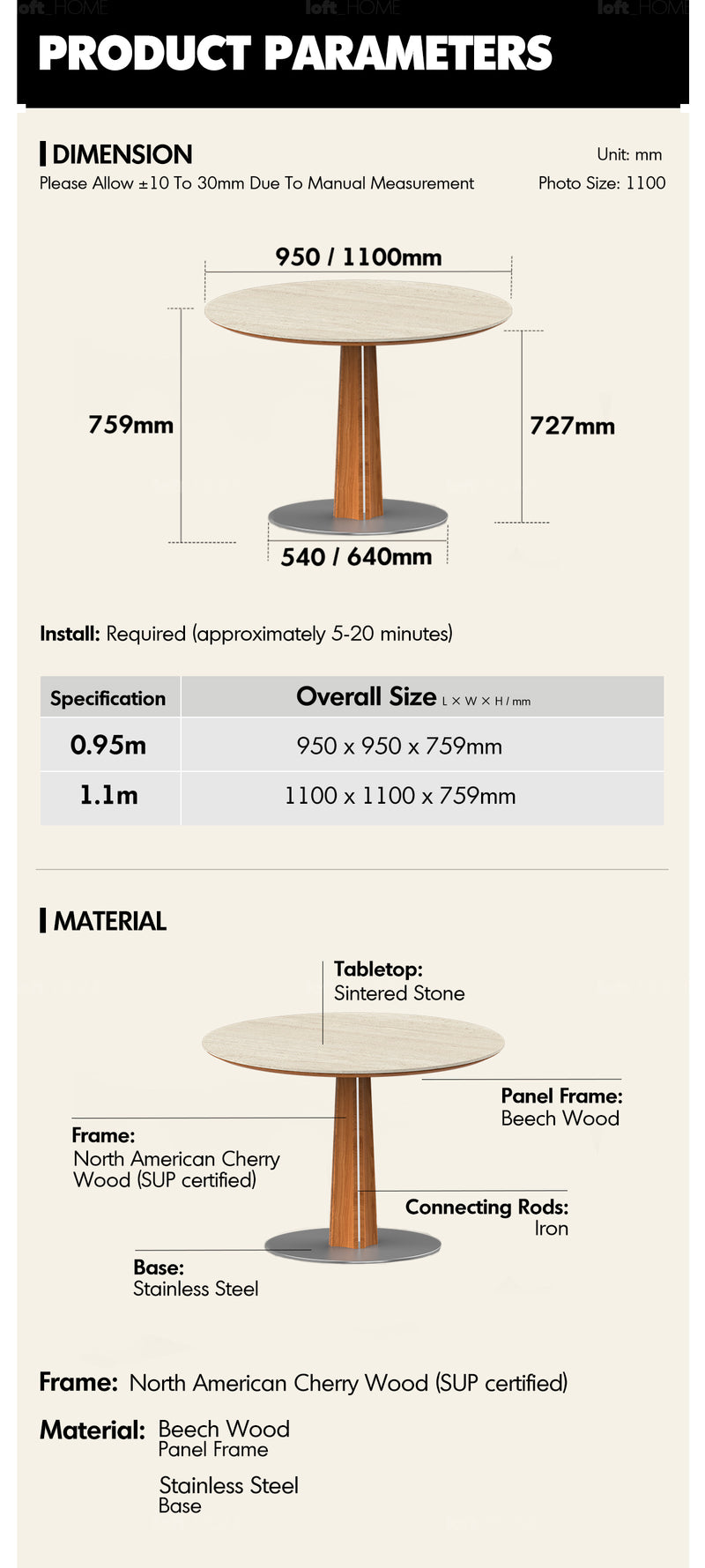 Bauhaus Cherry Wood Sintered Stone Round Dining Table PINECONE More Details and Instruction_10