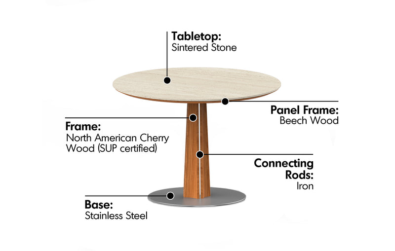 Bauhaus Cherry Wood Sintered Stone Round Dining Table PINECONE Material Details Chart