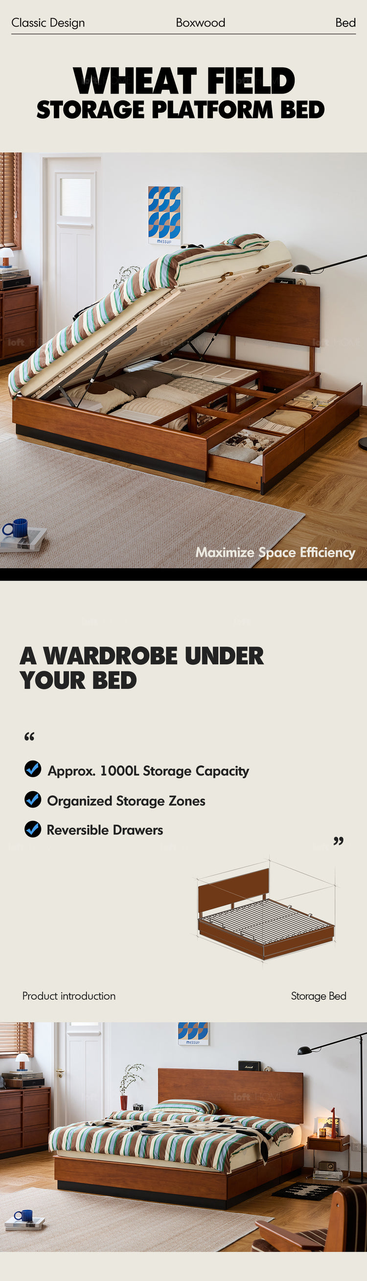 Vintage Boxwood Lift-Up Storage Platform Bed With Drawer WHEAT FIELD Good to Know Preview-1