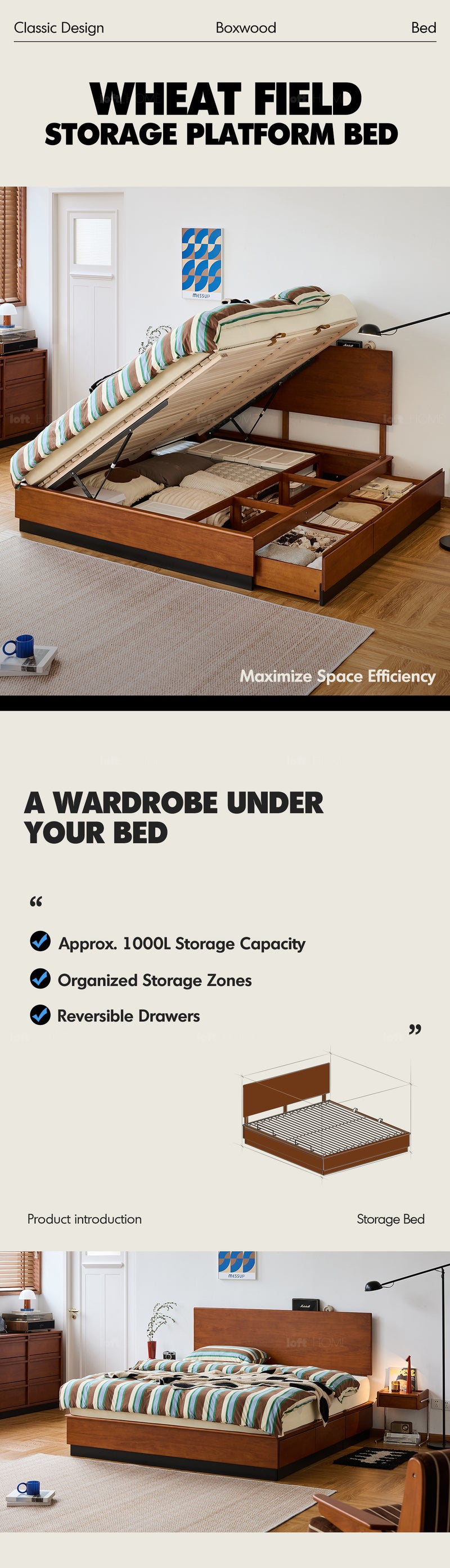 Vintage Boxwood Lift-Up Storage Bed With Drawer WHEAT FIELD More Details and Instruction