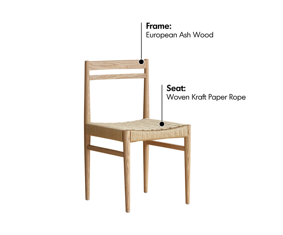Minimalist Ash Wood Woven Rope Dining Chair MOORE Material Details Chart
