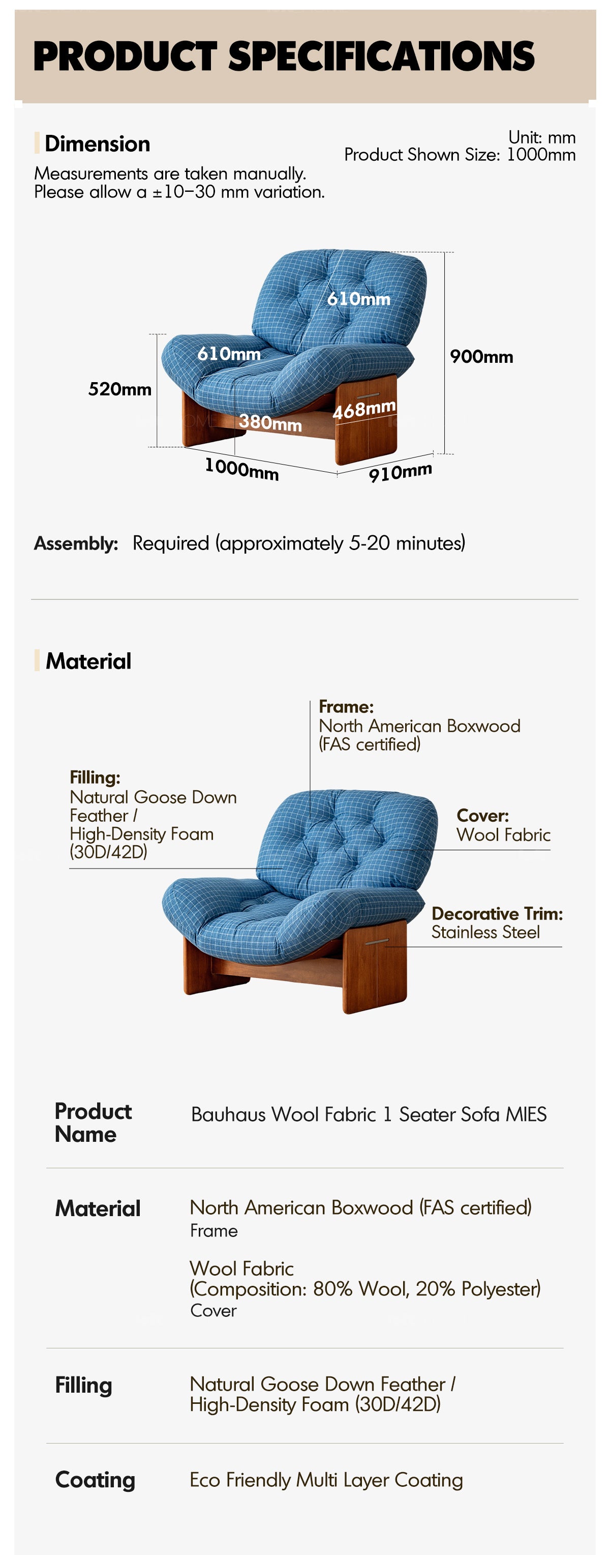 Bauhaus Wool Fabric 1 Seater Sofa MIES More Details and Instruction_5