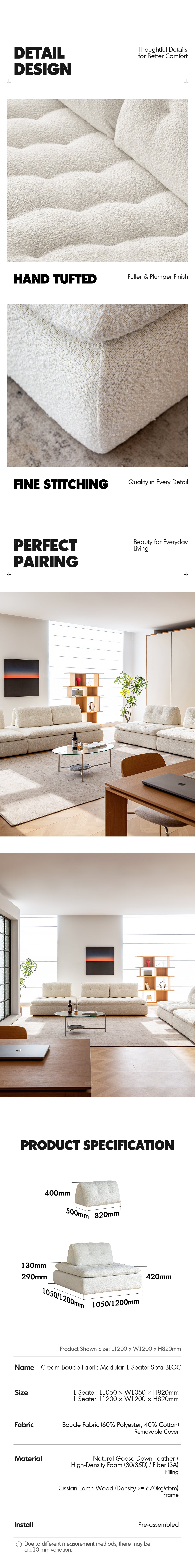 Cream Boucle Fabric Modular 1 Seater Sofa BLOC More Details and Instruction_4