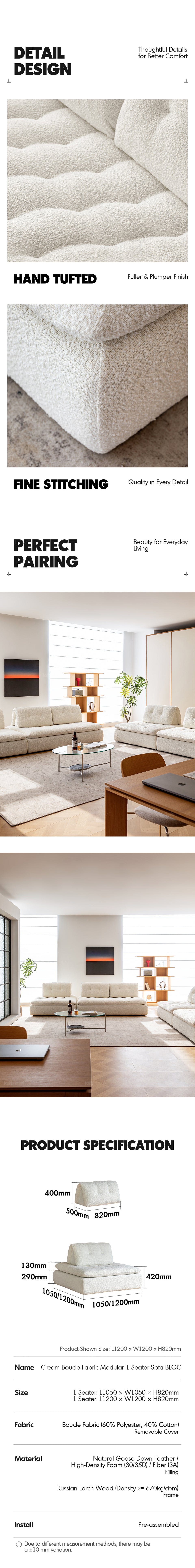 Cream Boucle Fabric Modular 1 Seater Sofa BLOC More Details and Instruction_4