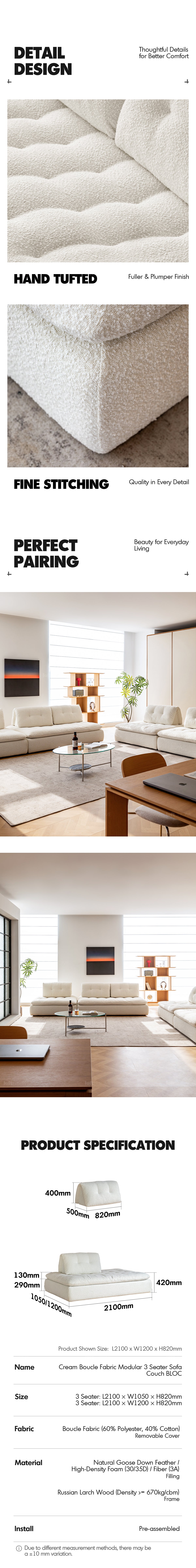 Cream Boucle Fabric Modular 3 Seater Sofa Couch BLOC More Details and Instruction_4