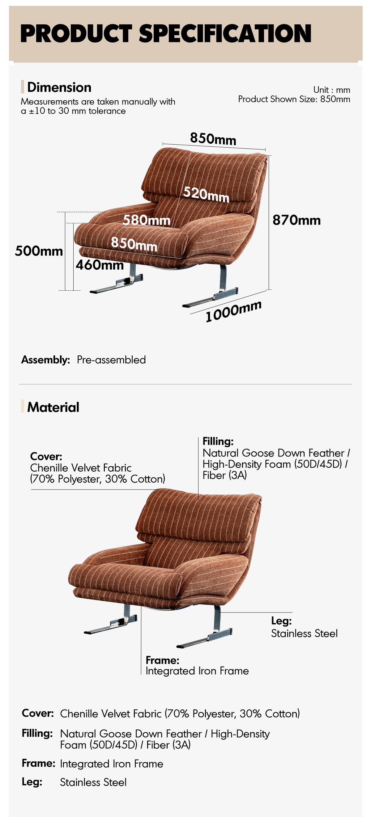Bauhaus Chenille Velvet Fabric 1 Seater Sofa SEARLE More Details and Instruction_5