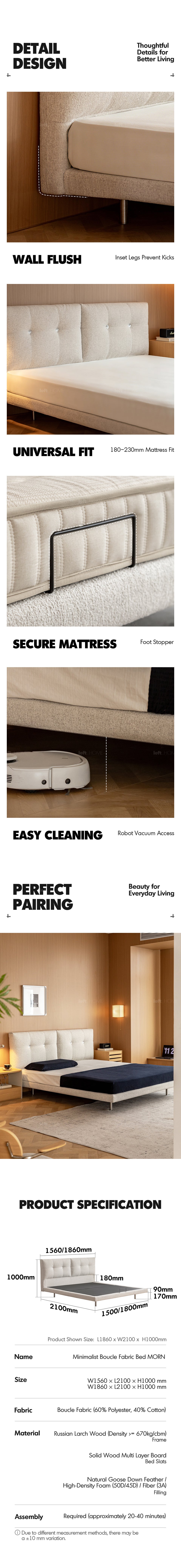 Minimalist Boucle Fabric Bed MORN More Details and Instruction_3