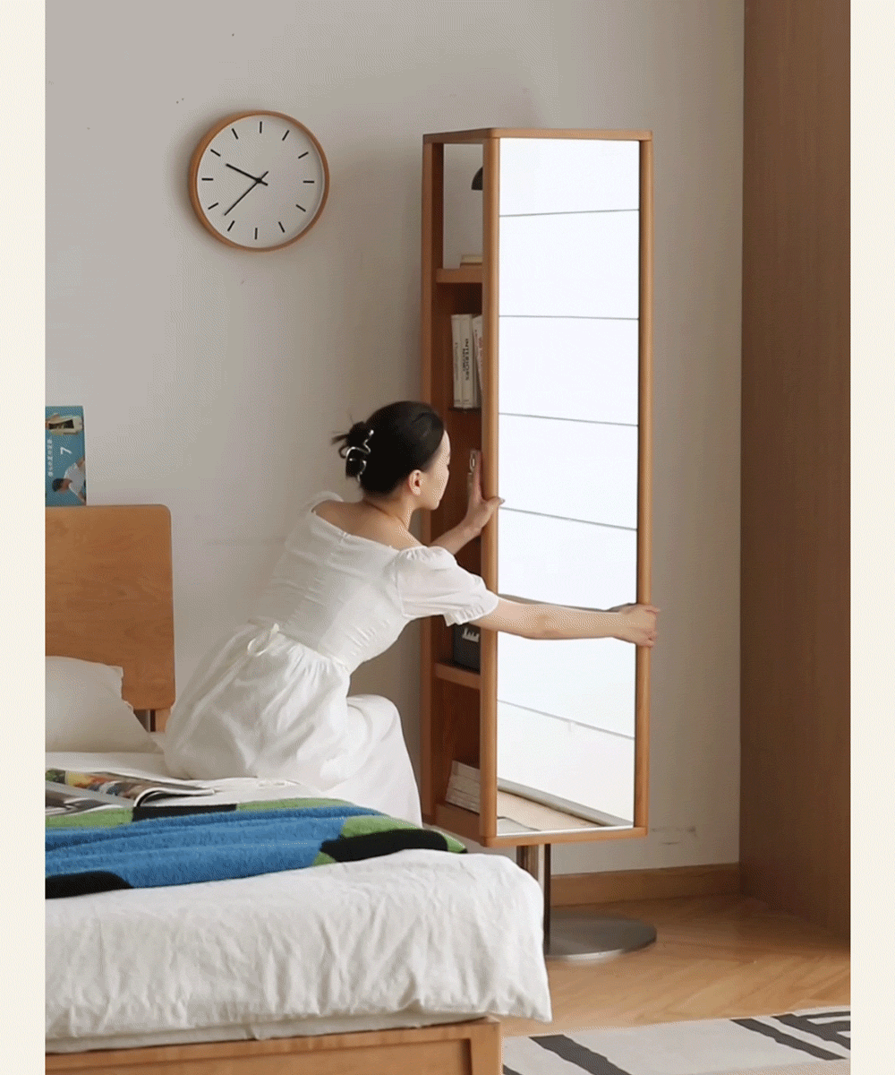 Scandinavian cherry wood revolving shelf with mirror timeless environmental situation.