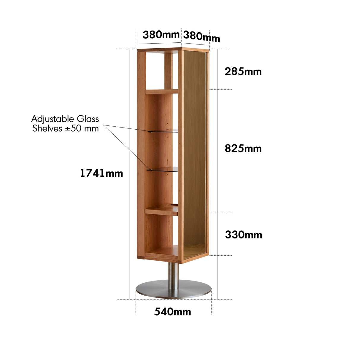 Scandinavian Cherry Wood Revolving Shelf With Mirror TIMELESS Size Chart