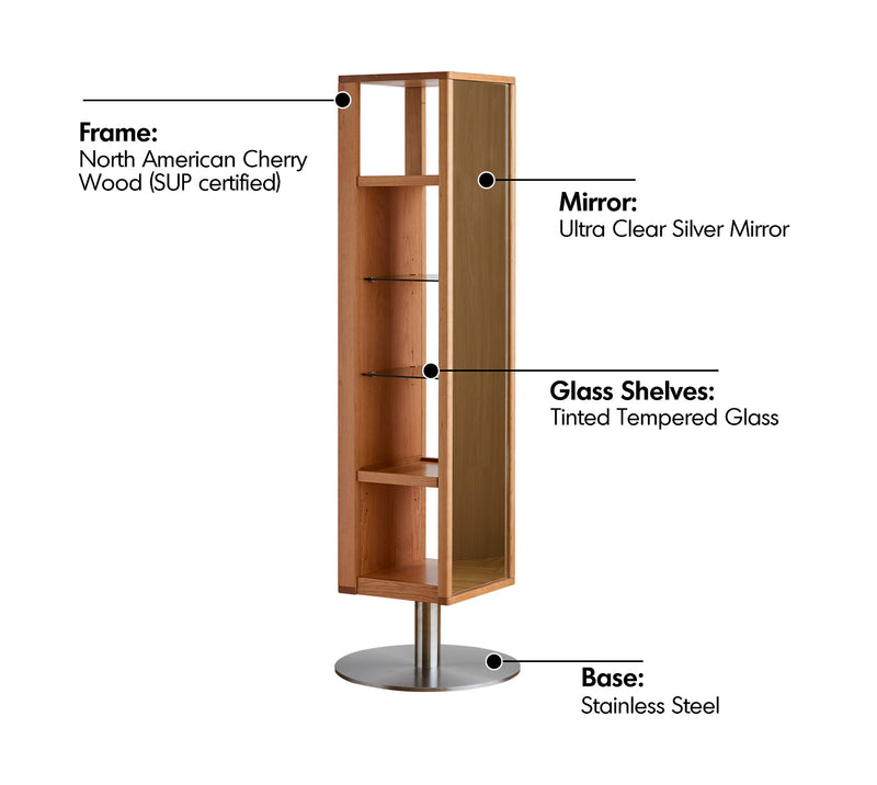 Scandinavian Cherry Wood Revolving Shelf With Mirror TIMELESS Material Details Chart