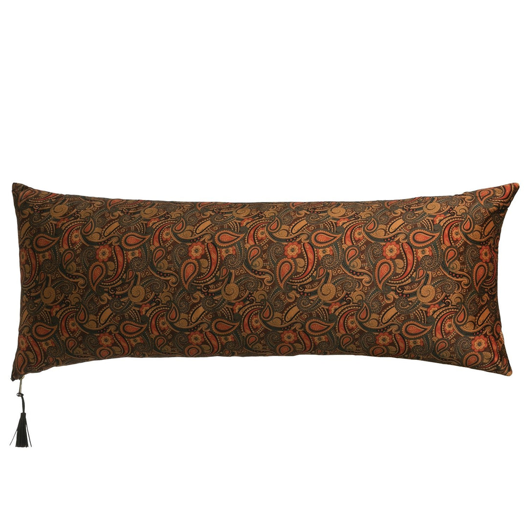 36"l x 14-1/2"h fabric paisley printed lumbar pillow, multi color in white background.