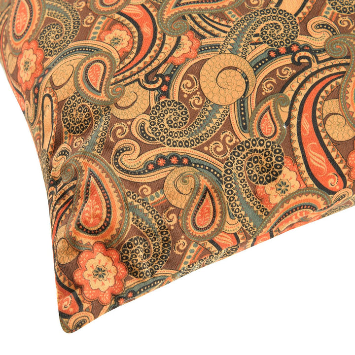 36"l x 14-1/2"h fabric paisley printed lumbar pillow, multi color in close up details.