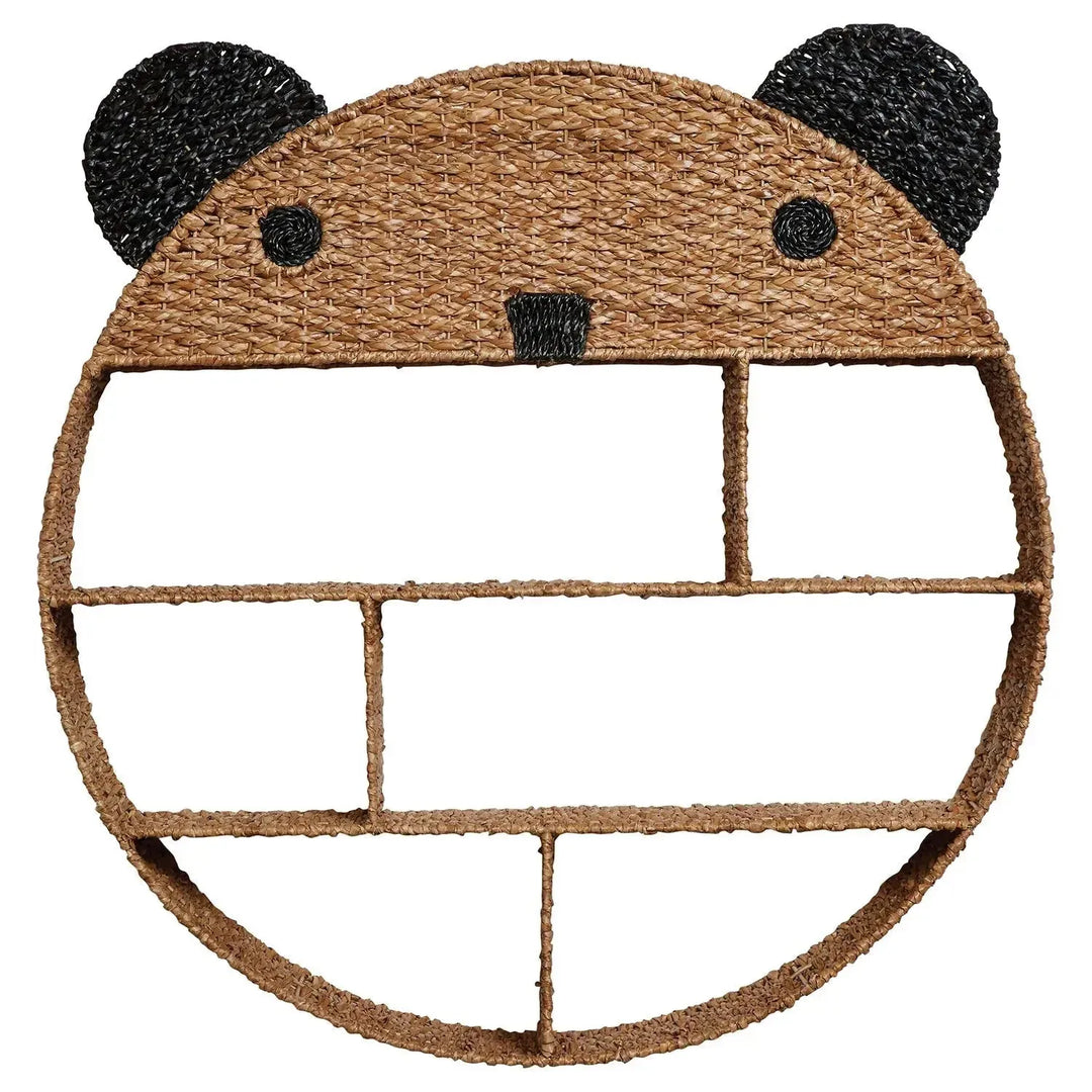 38-1/2" round x 6-1/2"d hand-woven bankuan bear wall shelf w/ 6 compartments, na in white background.