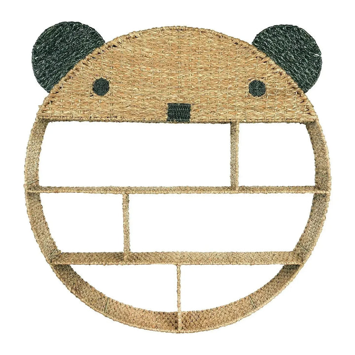 38-1/2" round x 6-1/2"d hand-woven bankuan bear wall shelf w/ 6 compartments, na with context.