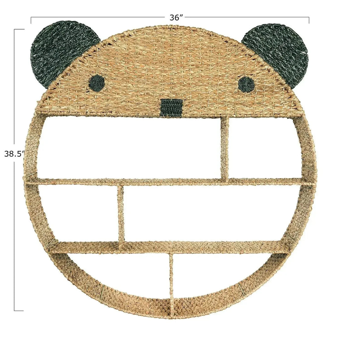 38-1/2" round x 6-1/2"d hand-woven bankuan bear wall shelf w/ 6 compartments, na in real life style.