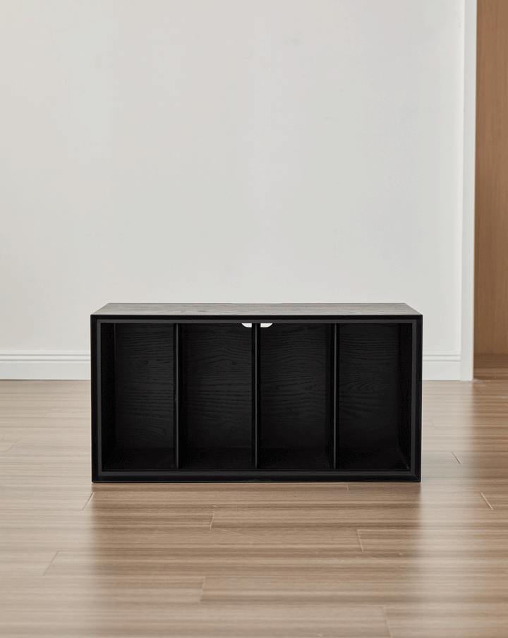 Minimalist ash wood veneer modular cabinet shadow in panoramic view.